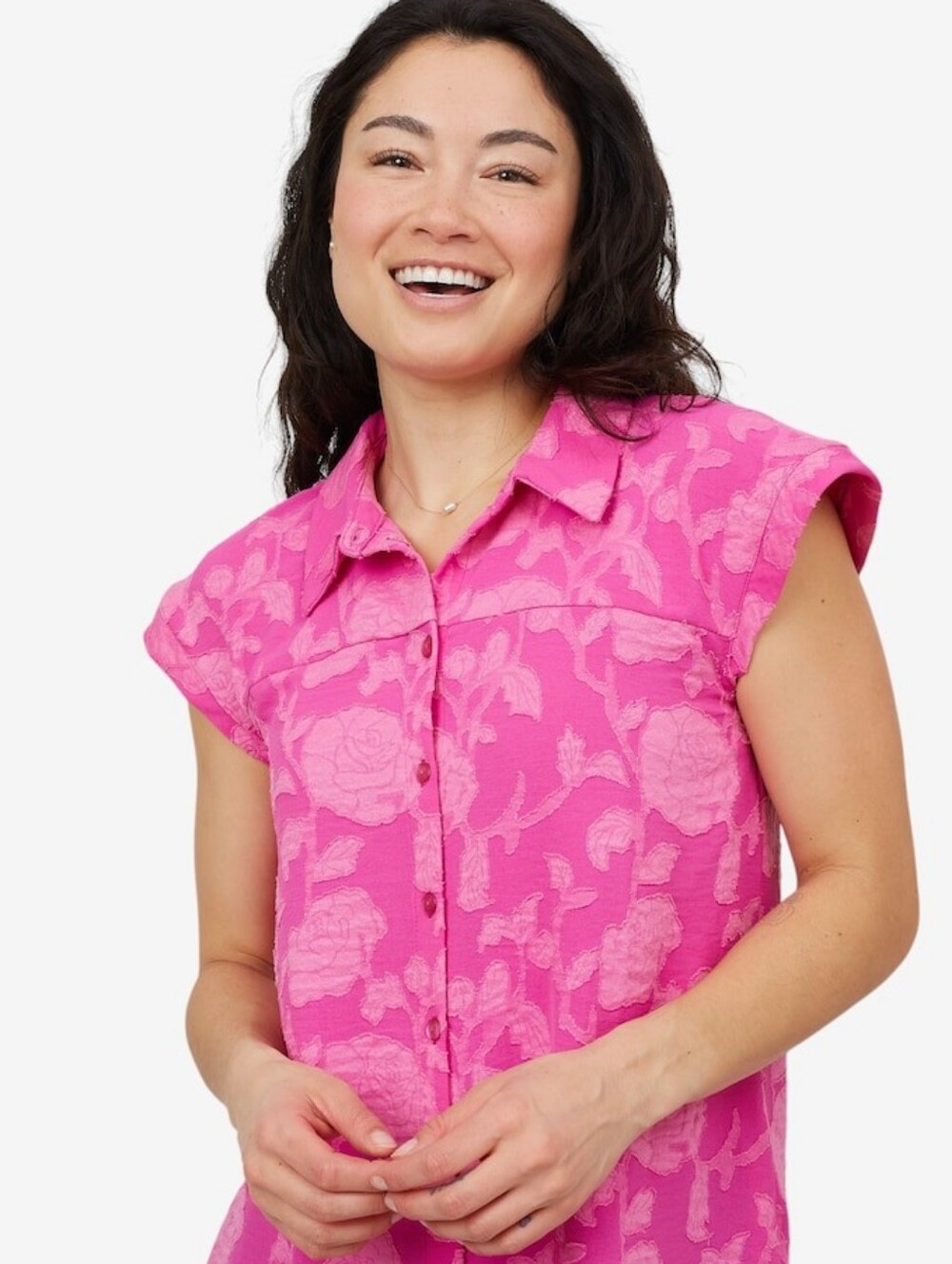 Nina Leonard Pink Floral Button-Front Women's Top